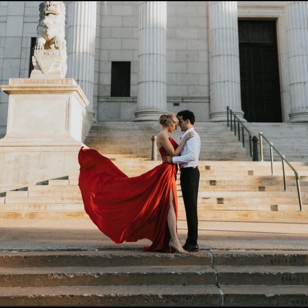 Strapless red satin dress